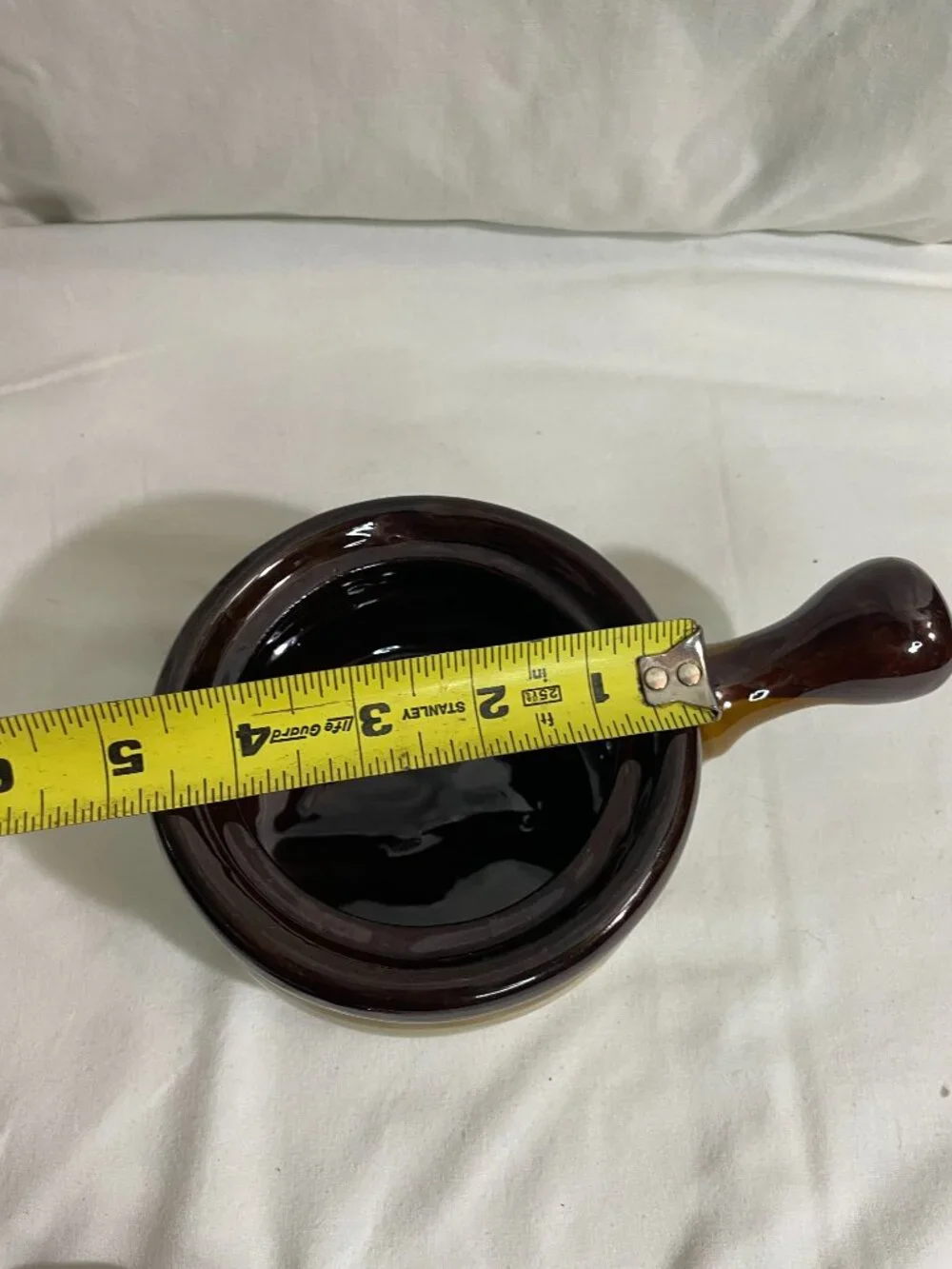 Vintage Brown Drip Glaze Covered Ceramic Individual Soup Crock Pot w/ Handle & L